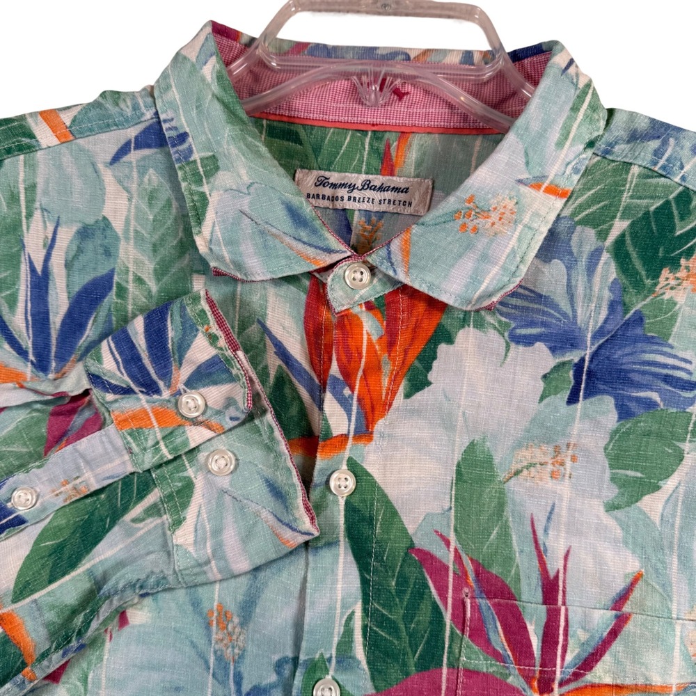 Tommy Bahama Button Down Shirt Mens Large Green Linen Barbados Breeze Stretch